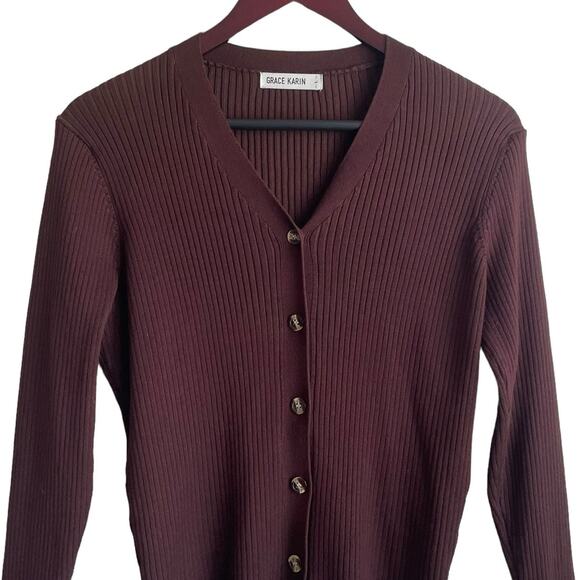 Grace Karin Women Cardigan Sweater L Brown Ribbed Fitted‎ Preppy Academia Office - Picture 6 of 9